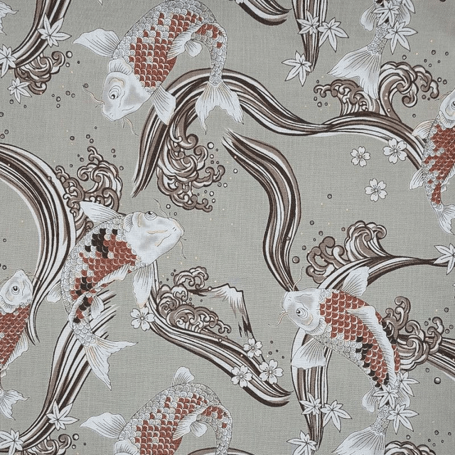 Tissu Japonais Motifs Carpes beige doré