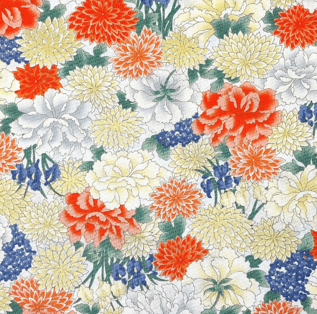 Tissu Japonais Motifs Pivoine, Chrysanthèmes et Iris