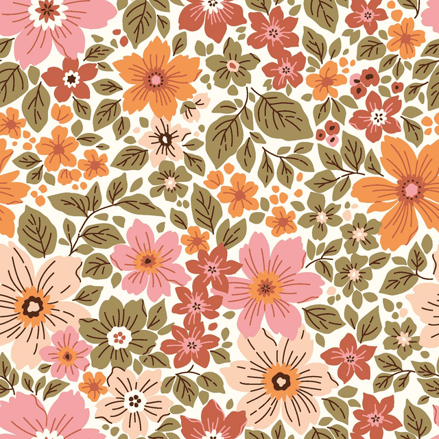 Popeline Fleurs Kaki &amp; Orange